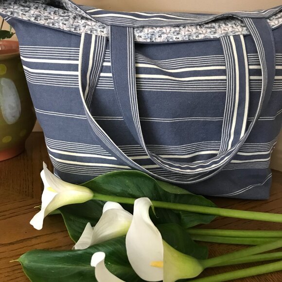 Handmade Women's Denim Striped Tote Bag, Market Tote Bag, Beach Bag with pocket - Picture 4 of 9